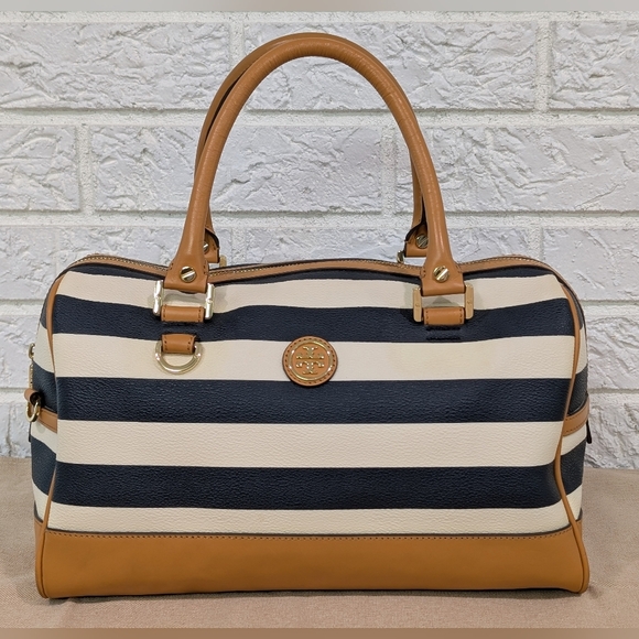 Tory Burch Handbags - Tory Burch Viva Satchel Nautical HTF Rare Leather/canvas Striped Tote Dust Bag